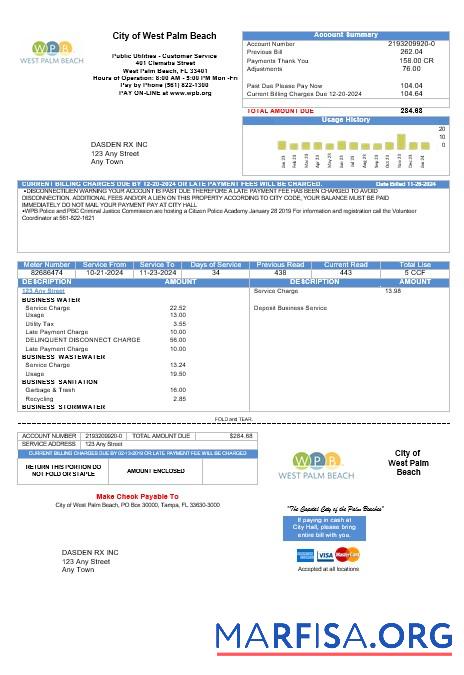 Blank USA Florida City of West Palm Beach business utility bill template in Word and PDF formats